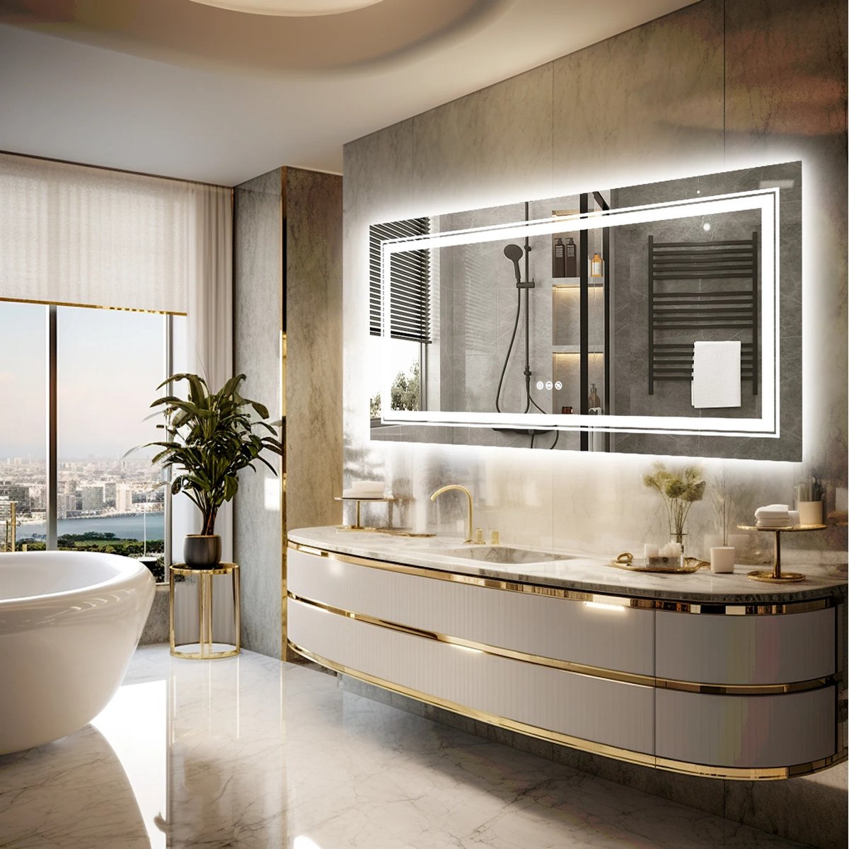 Eleganza Maison® Lumière LED Bathroom Mirror - LED Spiegel 101,6 x 61 cm voor Badkamer - 40x24 Inch - Met Voorlicht en Achtergrondverlichting - 3 Kleuren Dimbaar - Geheugenfunctie - Antifog - Waterbestendig - Decoratieve Make-Up Spiegel