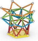 Een geometrische constructie van Geomag in blauw, groen, oranje en rood op een gele basis.