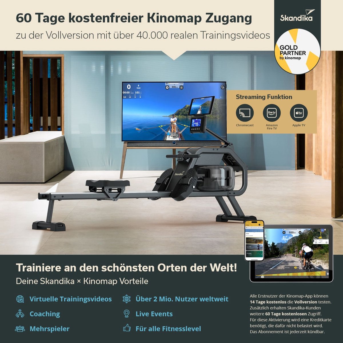 Afbeelding 3 van Skandika Nemo II Hybrid Water Roeimachine – Roeitrainers - Water Roeimachine – Roeiapparaat fitness voor thuis, met waterweerstand, compatibel met Kinomap App, Bluetooth, computer, tablethouder, ruimtebesparende opstelling – 190x45x95.5 cm – zwart