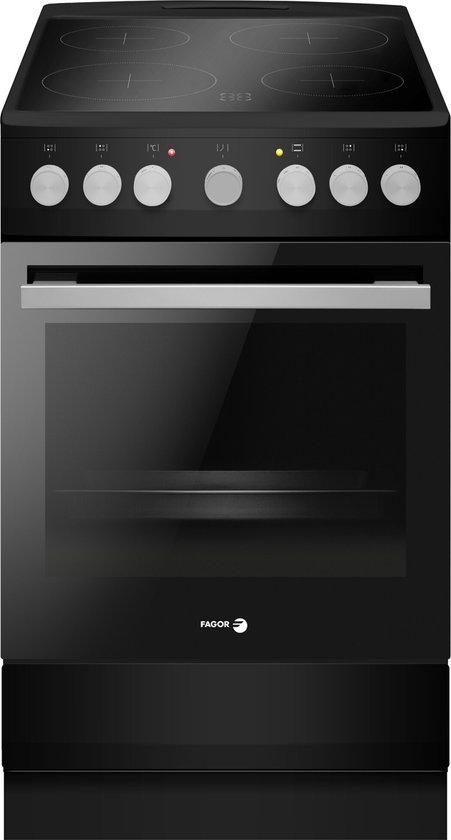 Zwart keramisch fornuis met vier kookzones, digitale display en Fagor logo op de oven.