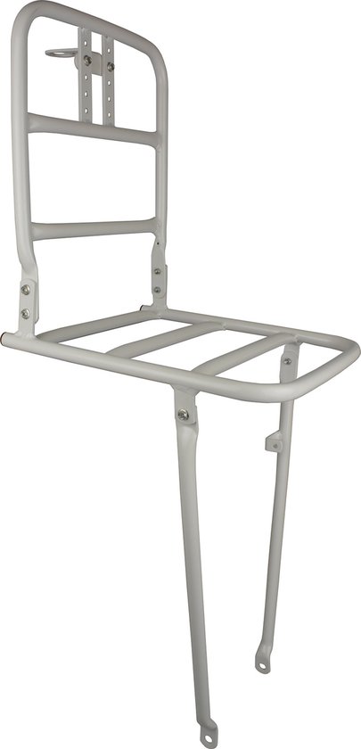Voordrager voor 26 inch fietsen, uitgevoerd in wit aluminium met een robuust verticaal bagageframe.