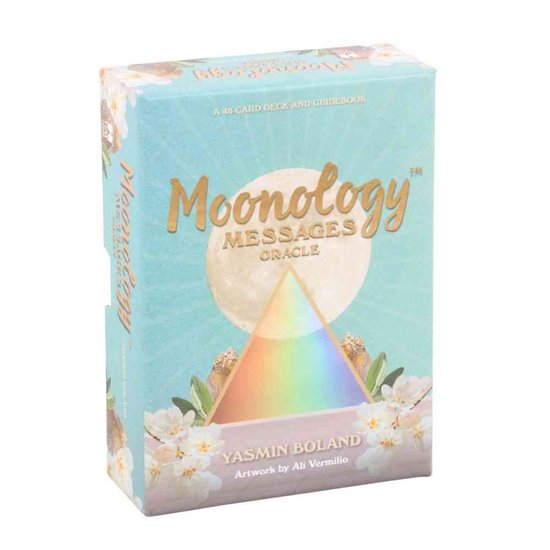 Doosje 'Moonology MESSAGES ORACLE' met een pastelkleurige achtergrond, regenboog en bloemen.