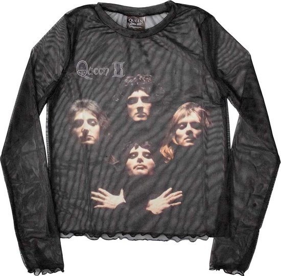 Zwarte mesh longsleeve top met de iconische "Queen II" albumhoes erop. De bandleden staan op de voorgrond.