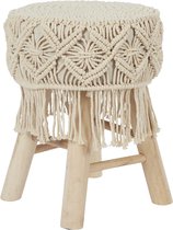 Bohemian Houten Kruk met Handgemaakt Macramé – Ø32 x 42 cm – Boho Bijzetkrukje / Zitkruk / Poef van Natuurlijke Materialen – Decoratief Krukje voor Woonkamer, Hal of Slaapkamer – Bruin