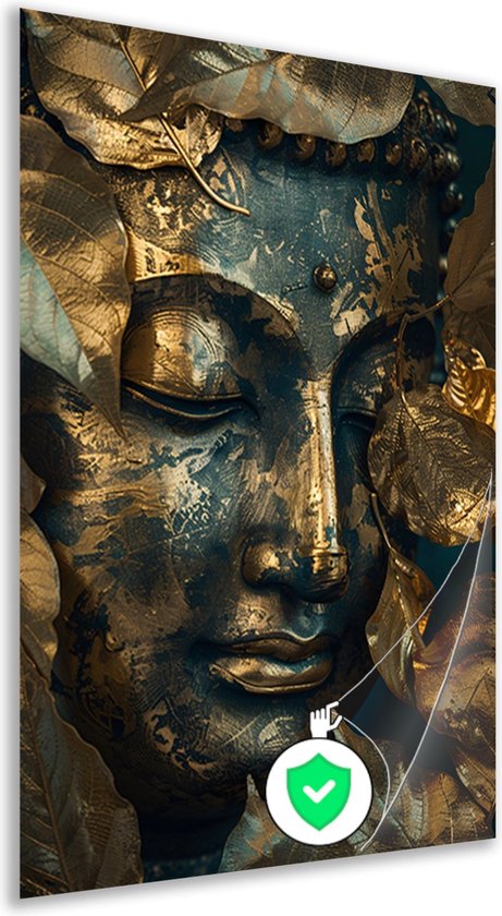 Boeddha poster - Religie poster - Poster gouden bladeren - Wanddecoratie modern - Woonkamer poster - Kunstwerk poster 40x60 cm