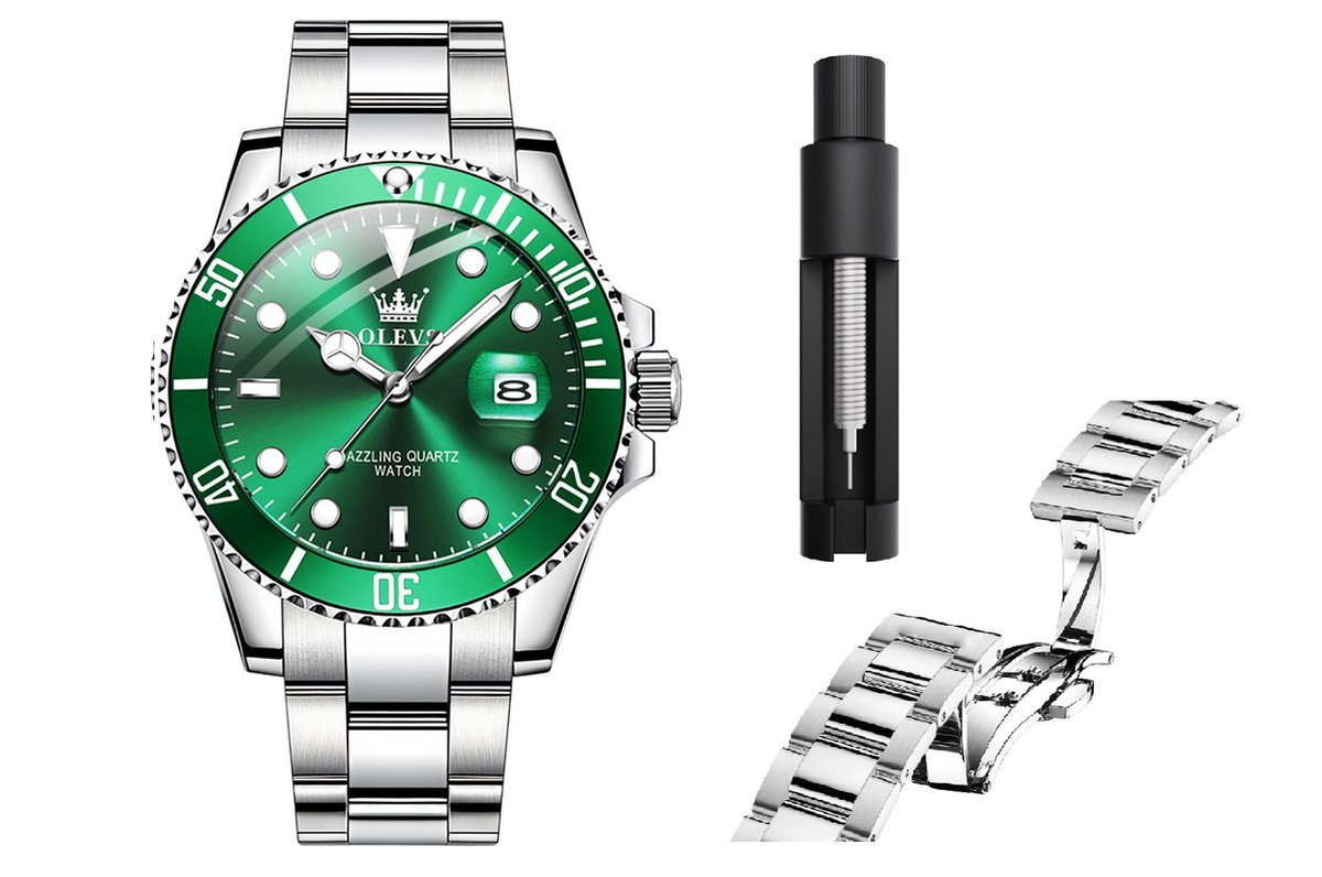 OLEVS Horloge voor mannen - Heren horloge - Roestvrij Staal - Groen Zilver - met verstelbare pin -