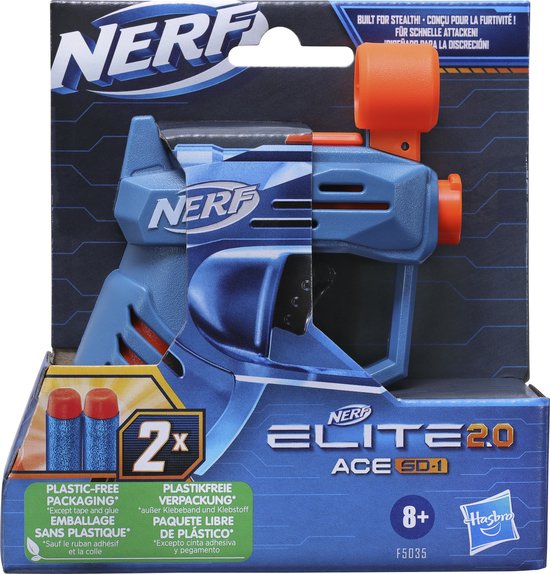Nerf Elite 2.0 Ace SD-1 blaster verpakking, blauw met oranje accenten en 2 pijltjes.