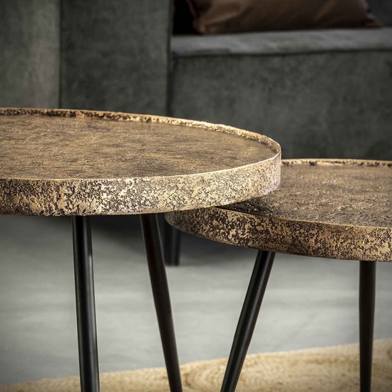 Ronde salontafel set van 2 moderne salontafels voor de woonkamer Geweven ontwerpen Nestbare salontafel met open opbergruimte Glazen salontafel met stevige metalen poten Modieus meubilair (wi