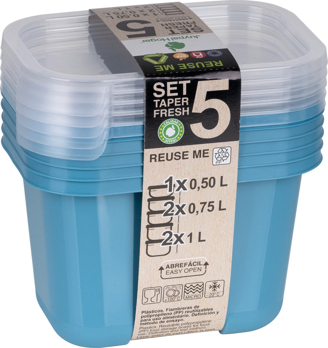 Juypal Vershoudbakjes nestbaar - 5 delig - BPA vrij - meal prep - diverse maten- Blauw - luchtdicht - herbruikbaar