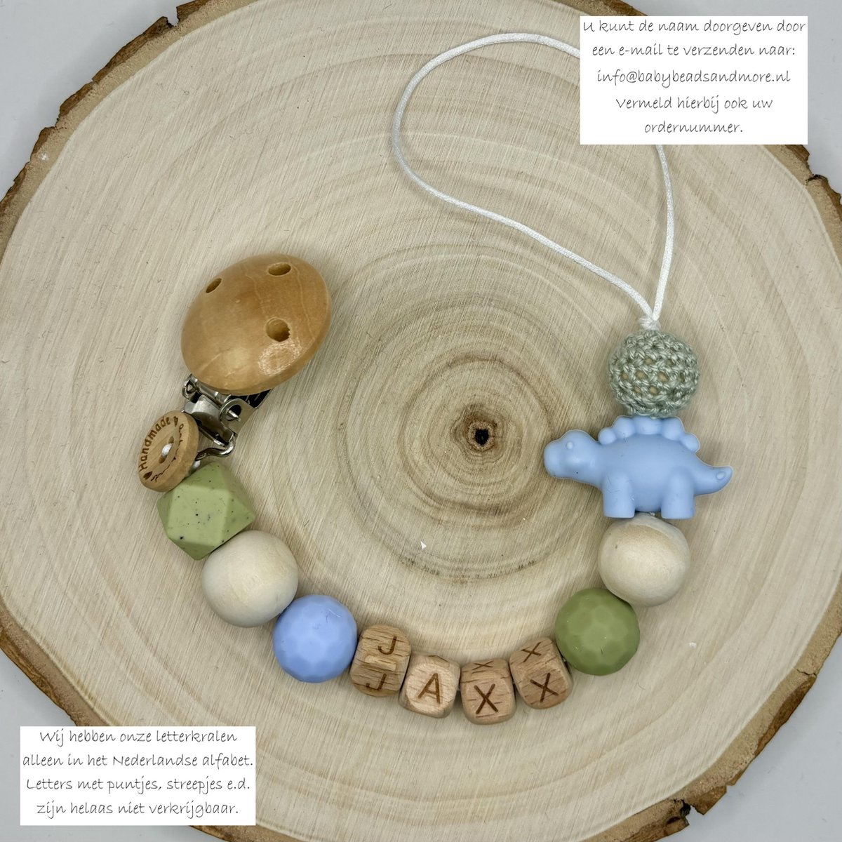 Goedkoopste Babybeads - Speenkoord met naam - Dino, Groen met blauw - Gepersonaliseerd kraamcadeau