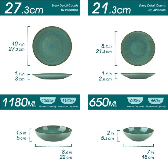 Service de table de luxe LBB - 32 pièces - 8 personnes - Porcelaine - Service d'assiettes - Assiettes plates - Assiettes à dessert - Bols - Set - Vert