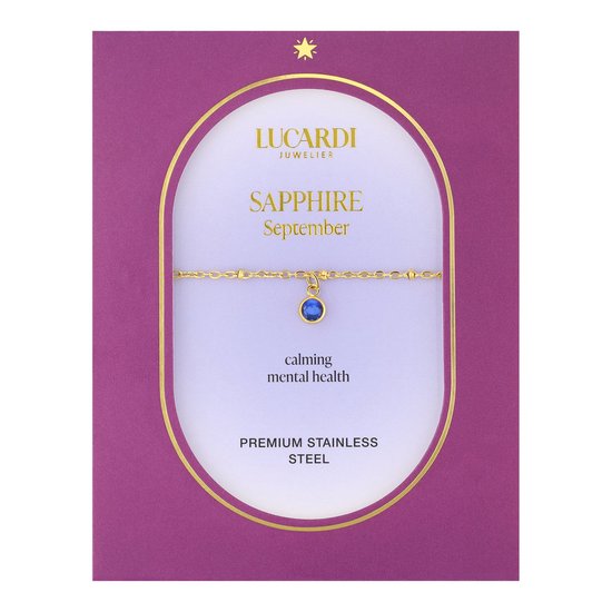 Bracelet doré avec pierre de saphir bleue sur carte