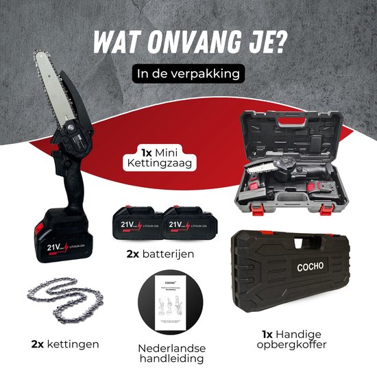 COCHO® Mini kettingzaag 6 Inch - Snoeizaag - Kettingzaag - Kettingzaag Electrisch met 2 Accu en 2 Zaagketting - Inclusief Koffer Zwart van Merkloos	 — afbeelding 3