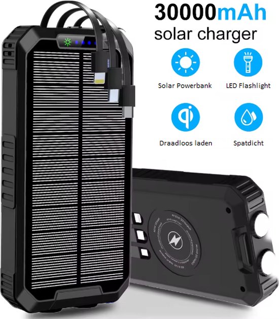 Solar Powerbank 30 000 mAh - Powerbank zonneenergie - Draadloos Opladen - Solar Charger - Zaklamp - Zwart - Waterdicht - Valbescherming