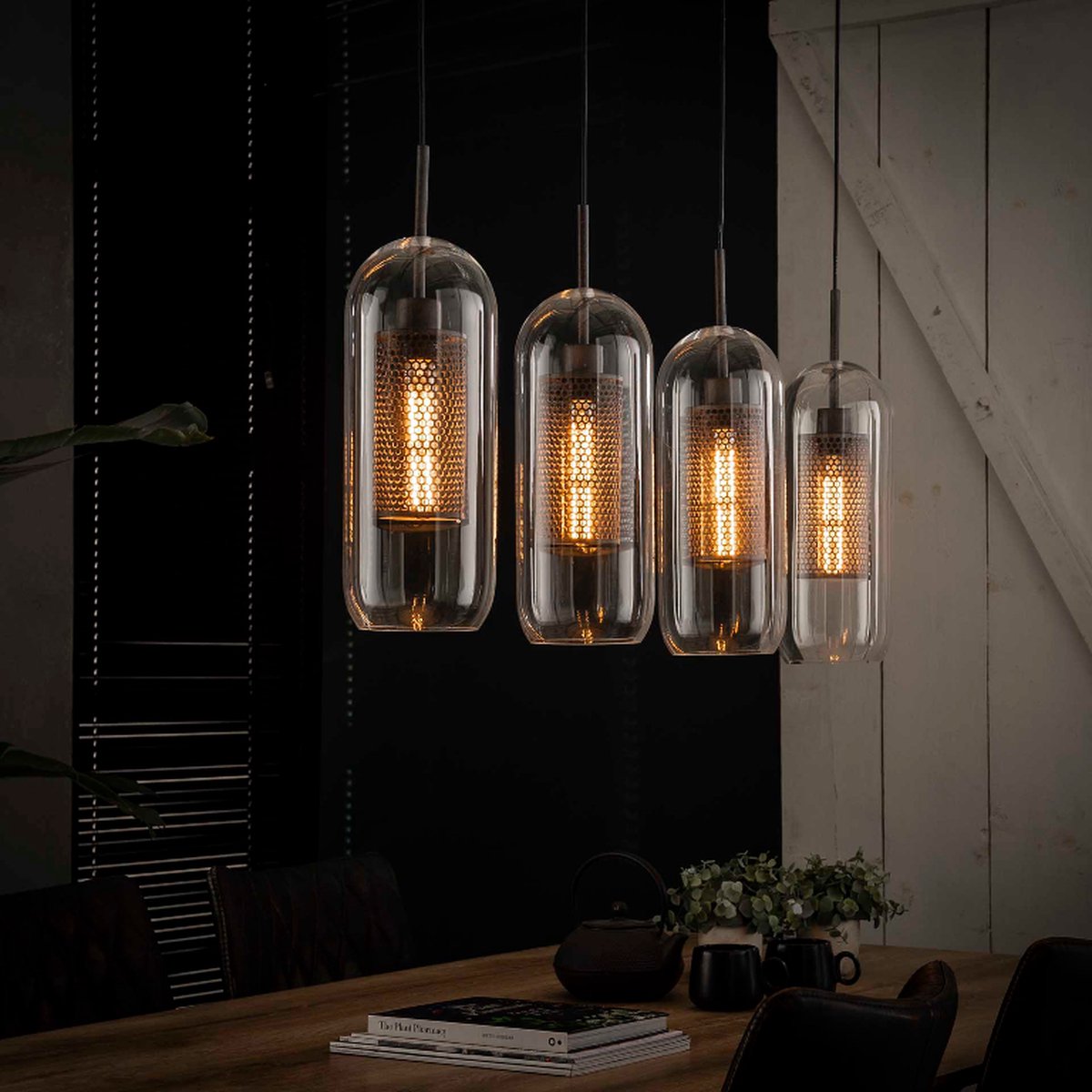 LM-Collection Devan Hanglamp - 106x15x150cm - E27 - Grijs - Metaal/Glas - hanglampen eetkamer, hanglamp zwart, hanglampen woonkamer, hanglamp slaapkamer, hanglamp kinderkamer, hanglamp rotan, hanglamp hout, hanglamp industrieel