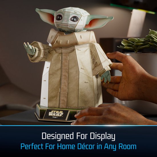 Gedetailleerde Grogu puzzel in beige met Star Wars logo.