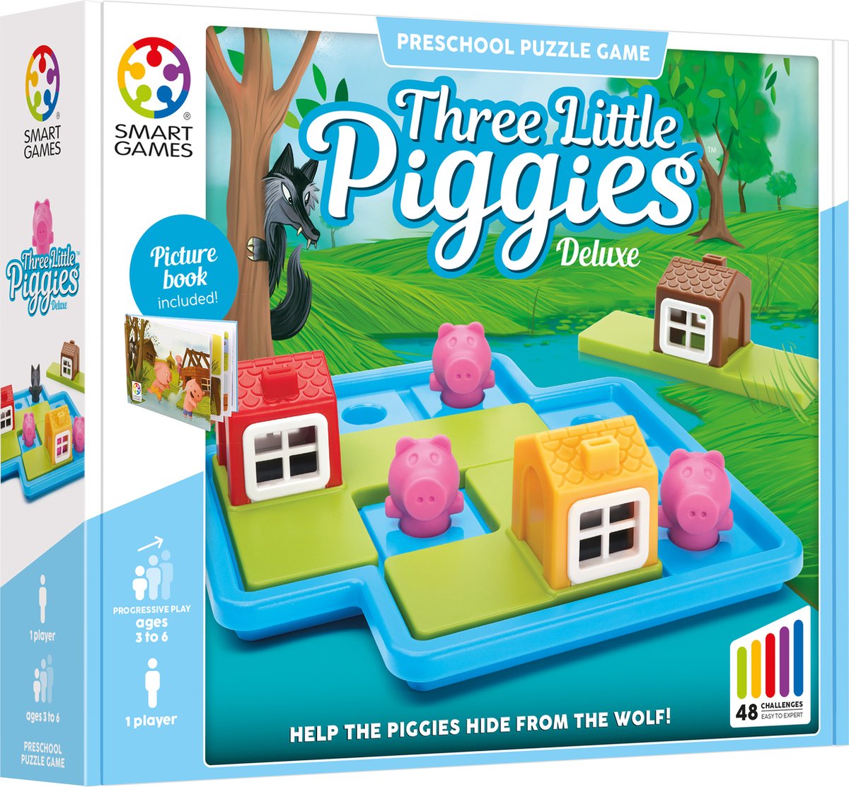 SmartGames - Drie Kleine Biggetjes Deluxe - Kleuterspel vanaf 3 jaar - 48 uitdagingen - met extra sprookjesboek