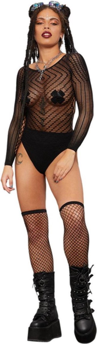 Fever - Chevron Long Sleeve Bodysuit - Zwart