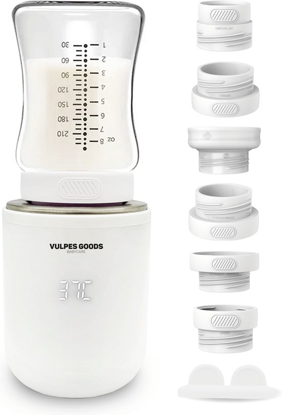 Vulpes Goods® BabyCare - Flessenwarmer Pro - Draagbare Baby Flessenwarmer voor Onderweg - Intelligente Flesverwarmer - 4 Temperatuurniveaus - Draadloos - Inclusief 6 Adapters - USB Oplaadbaar - 13.200 mAh - Wit