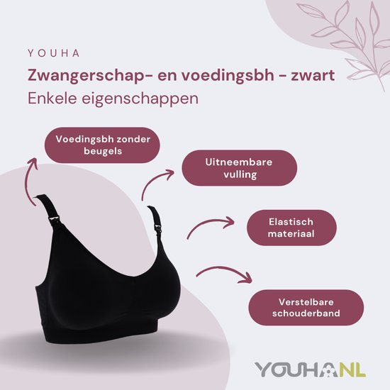 Zwarte voedingsbh zonder beugels met uitneembare vulling, elastisch materiaal en verstelbare schouderband. Jeugd- en voedingsbh.