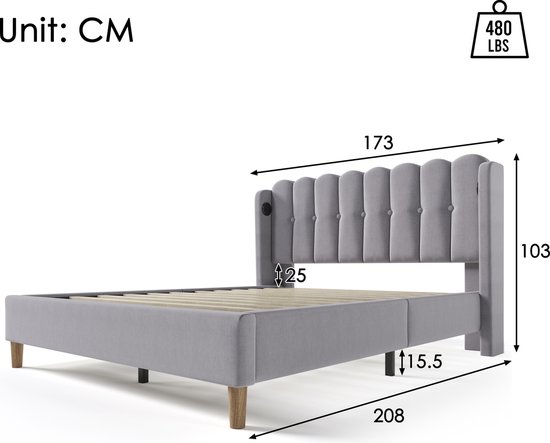 Sweiko Gestoffeerd bed Tweepersoonsbed met USB Type C Oplaadfunctie, Bedplaats met platte noedelsvoet, Grijs Gestoffeerd bed, 160 x 200 cm bedplaats Slaapkamer Jeugdbed Gastenkamer linnenmateriaal (geen matras)