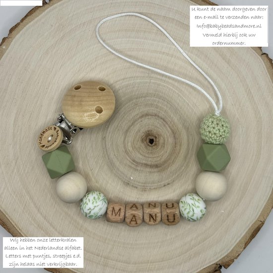 Foto: Babybeads speenkoord met naam lichtgroen met bloemenkraal gepersonaliseerd kraamcadeau