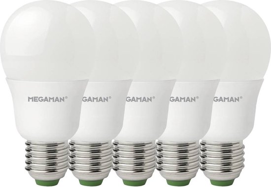 Vijf witte LED-lampen van MEGAMAN met schroeffitting.