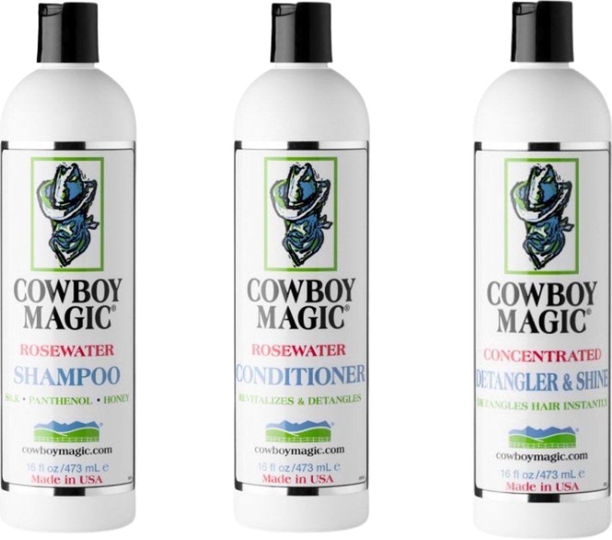 Cowboy Magic Bundel - Rosewater Shampoo + Conitioner + Detangler & Shine - 473ml