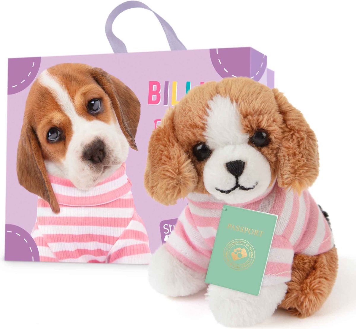 Studio Pets® Mini Knuffel Hond Beagle Billie (8 cm) met Koffer, Paspoort en Stickerboek – Complete Cadeauset voor kinderen
