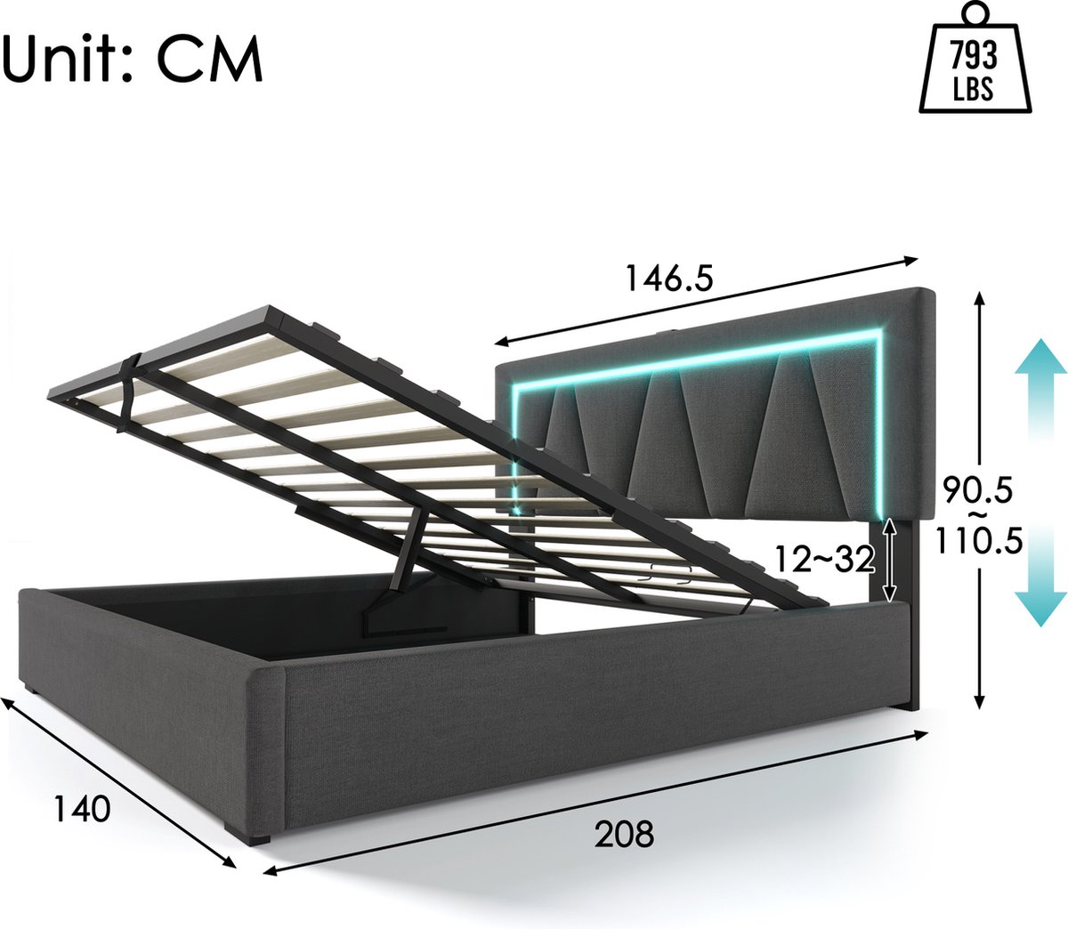 Sweiko Sweiko LED Gestoffeerd Bed - afbeelding 3