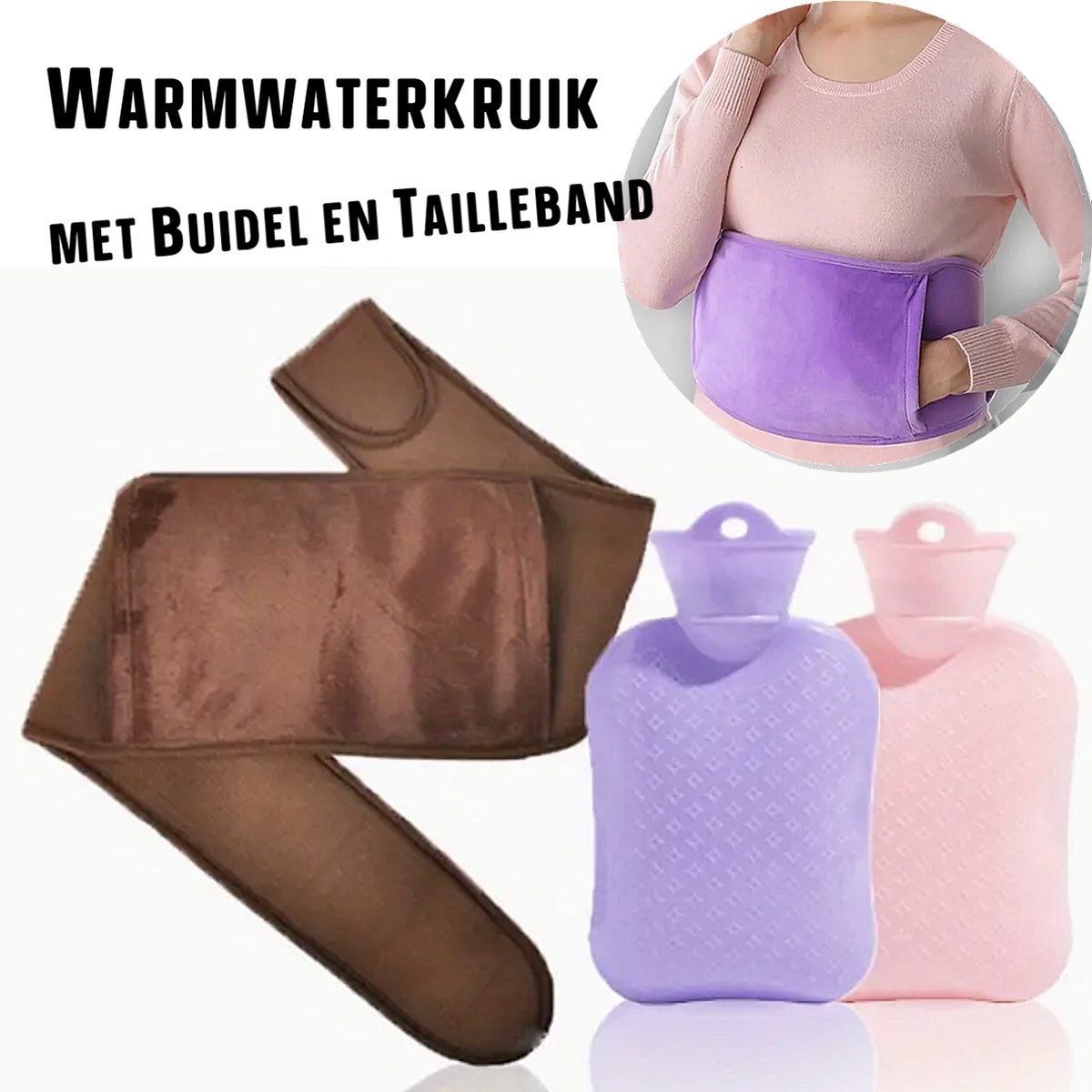 Goedkoopste Allernieuwste.nl® Warmwaterkruik met Buidel en Tailleband - Voor Buik- Rug- Nek- en Menstruatiepijn voor Volwassenen en Kinderen 110x19cm Bruin