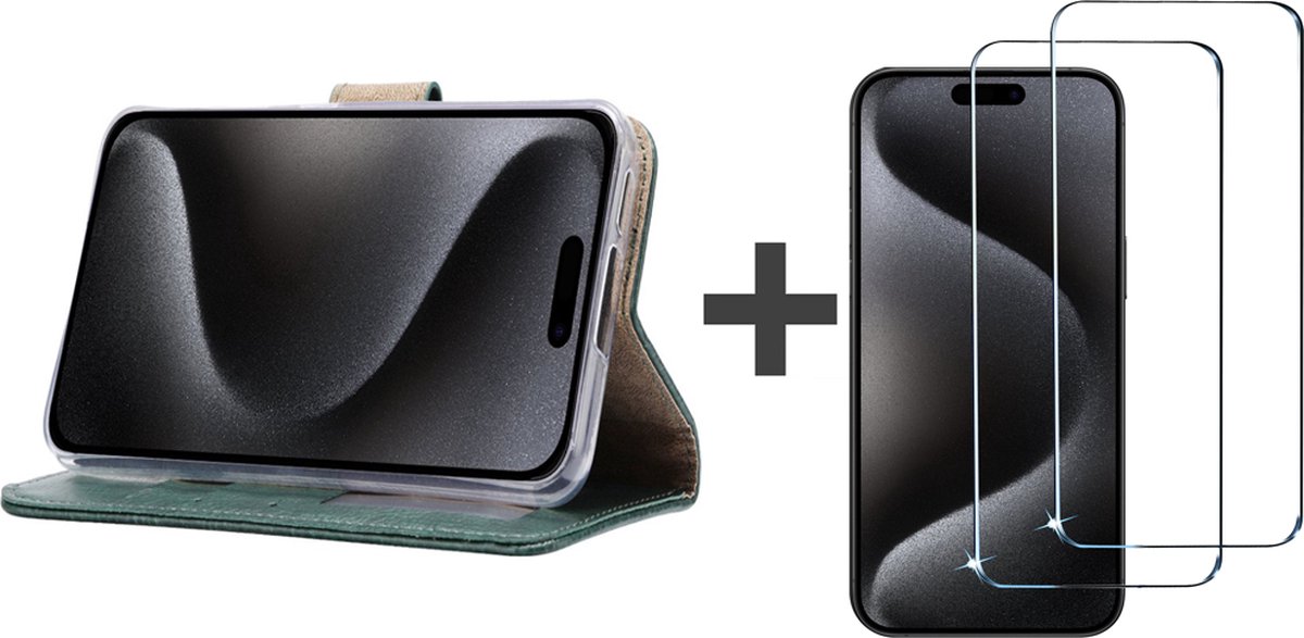BixB hoesje met 2 stuks Screenprotectors Geschikt voor iPhone 15 Pro – bookcase met pasjeshouder - Groen
