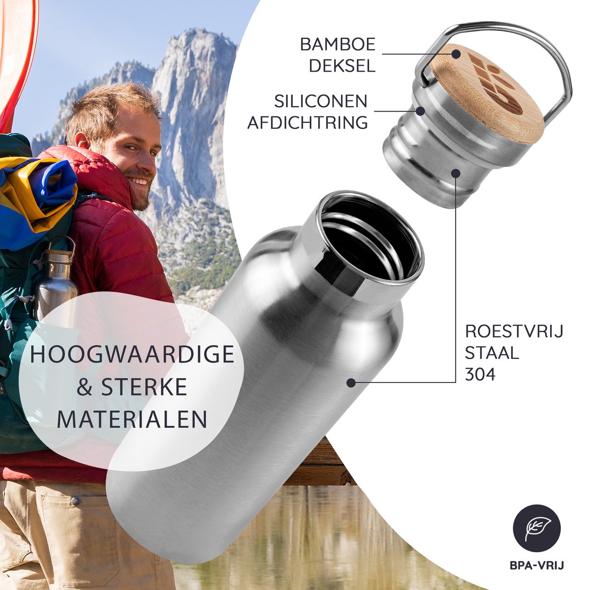 Bambaw® 750ml RVS Thermosfles - Isoleerfles, Dubbelwandig, Lekvrijen, loodvrij en Plasticvrij Geïsoleerde Fles met Bamboe Deksel voor Warme en Koude Dranken - Ideaal voor Reizen, Werk, Yoga, Wandelen en Dagelijks Gebruik - zilver — cadeau in Sport & Outdoor - foto 2