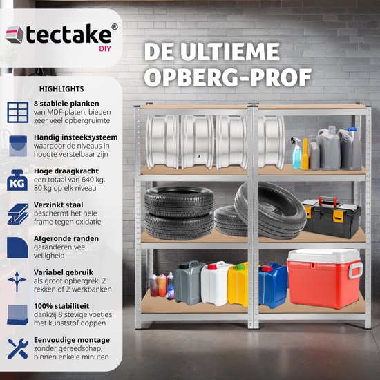 EASYmaxx Metalen Opbergrekken 180x90x40 cm | Draagvermogen ca. 875 kg, 175 kg per niveau | Plank en werkbank | Kelderrekken met 5 verstelbare planken | Voor kelder, garage, werkplaats