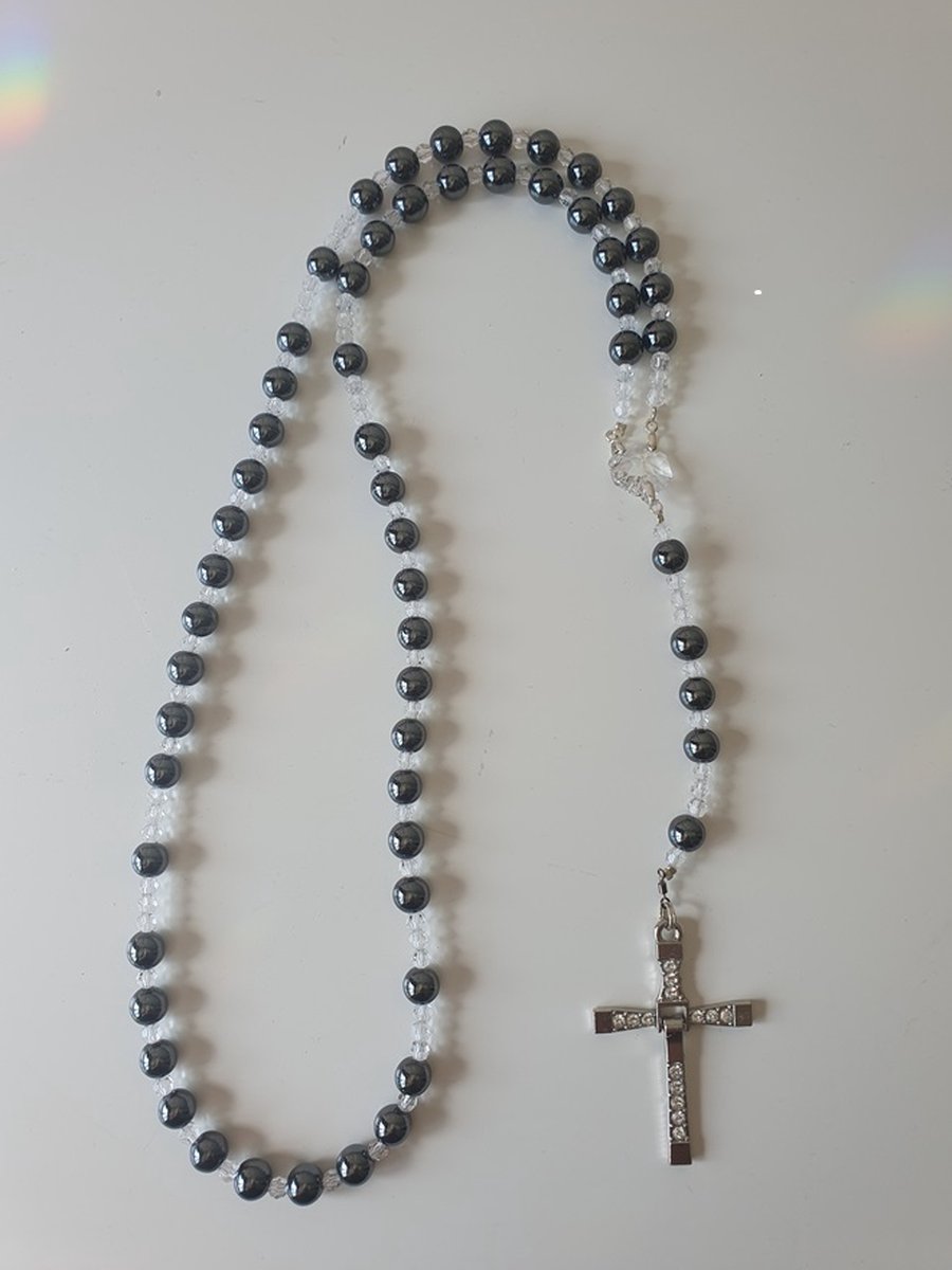 Rozenkrans, Paternoster gemaakt met Hematiet halfedelsteen kralen en Kristallen van Swarovski, gebedssnoer, rozenkransgebed, kruisteken, Meditatie, spiritueel, kruis, gebedssnoer, gebedsketting, kerstpakket cadeau.