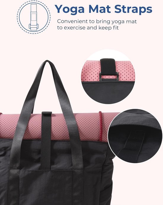 Sac noir avec un tapis de yoga rose à pois, attaché avec des sangles.