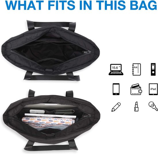 Vue de dessus d'un sac fourre-tout noir ouvert et d'un sac fourre-tout noir rempli.