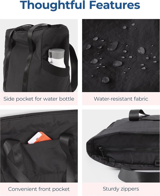 Détails du sac noir : poche latérale pour bouteille d'eau, tissu résistant à l'eau, poche avant pour téléphone, fermetures éclair robustes.