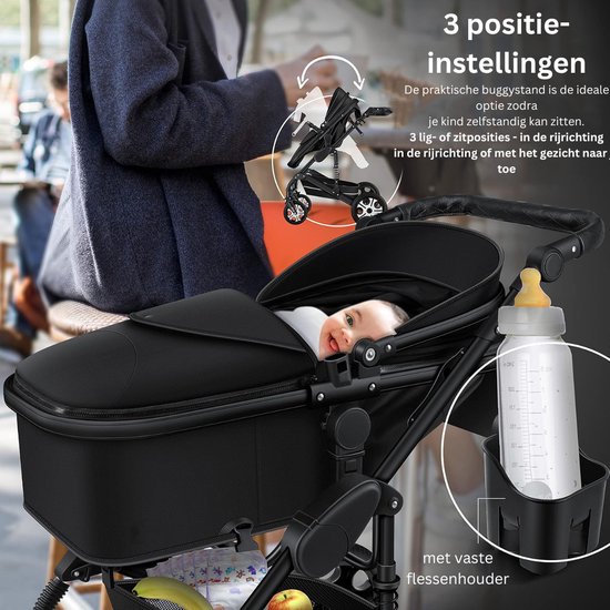 Luxe Kinderwagen 3 in 1 - Wandelwagen Baby - Kinderwagen Inclusief Autostoeltje - Buggy met Wieg - Ultra Black van LUXE. — afbeelding 5