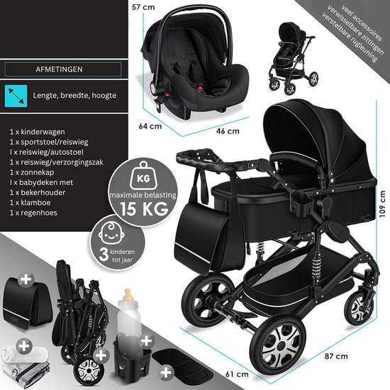 Luxe Kinderwagen 3 in 1 - Wandelwagen Baby - Kinderwagen Inclusief Autostoeltje - Buggy met Wieg - Ultra Black van LUXE. — afbeelding 3