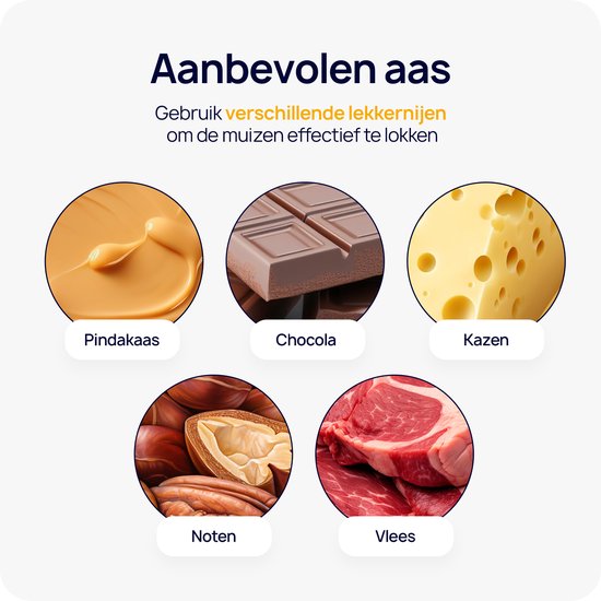 Aanbevolen aas voor muizenval: pindakaas, chocolade, kaas, noten en vlees.