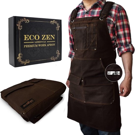 ecoZen Style de vie Tablier de BBQ et de travail de Premium – Toile et cuir – Marron – Qualité, Comfort et style – Résistant à la chaleur – Ajustable – Idée cadeau