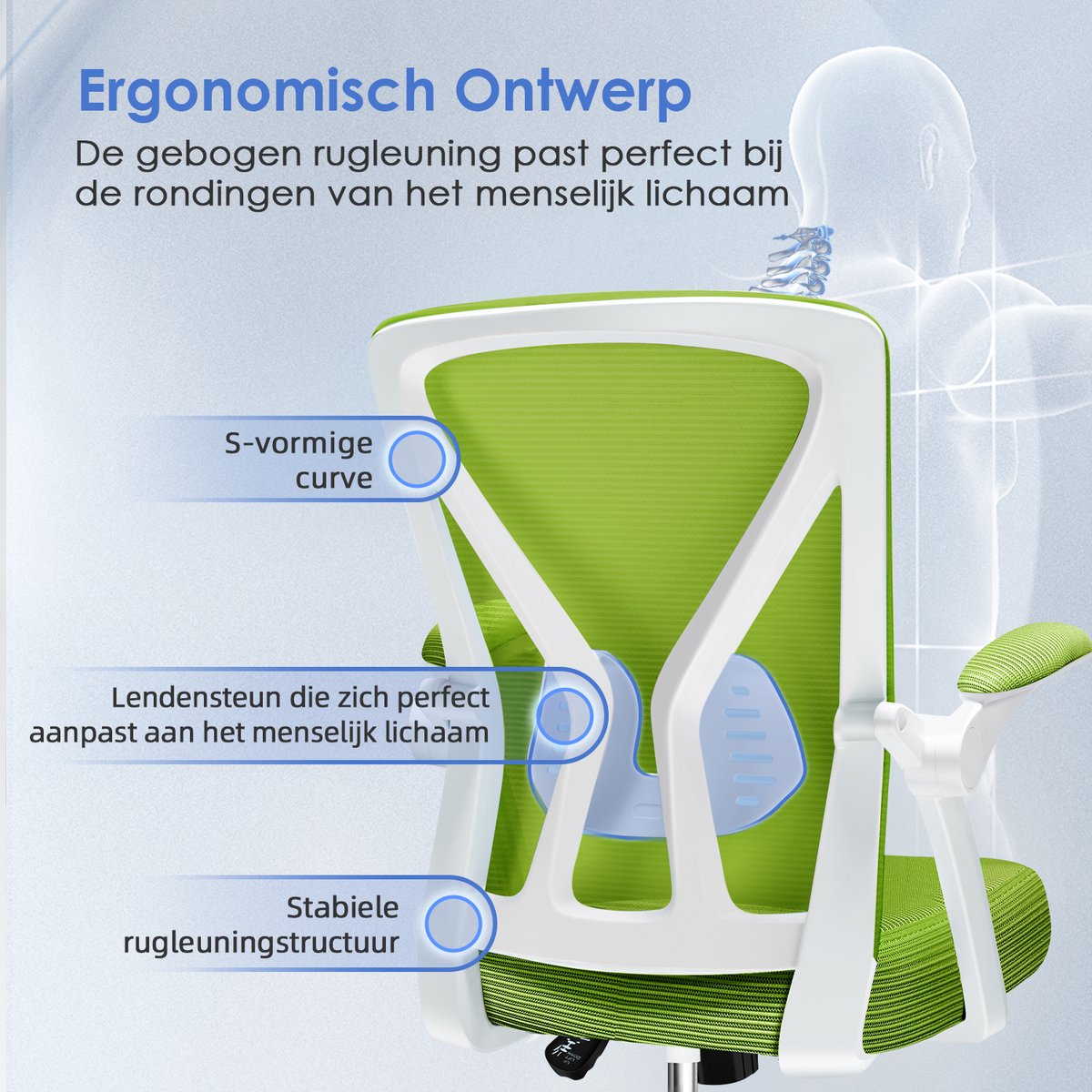 Elekiatech Ergonomische Bureaustoel - Bureaustoel - Opklapbare Armleuningen - Bureaustoelen voor Volwassenen - 150 Kg - Groen-wit thumbnail 3