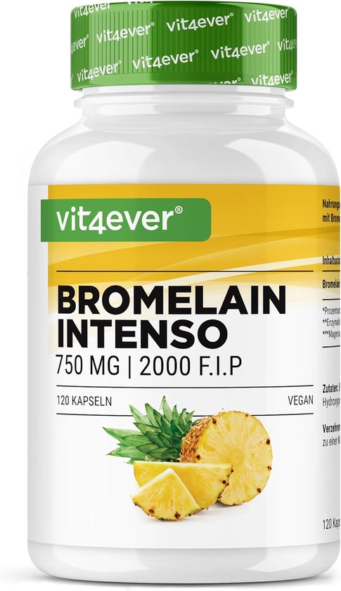 Foto: Bromela ne intenso 750 mg 1800 f i p 120 maagsapresistente capsules drcaps natuurlijk spijsverteringsenzym uit ananas extract laboratorium getest veganistisch hoge dosering vit4ever