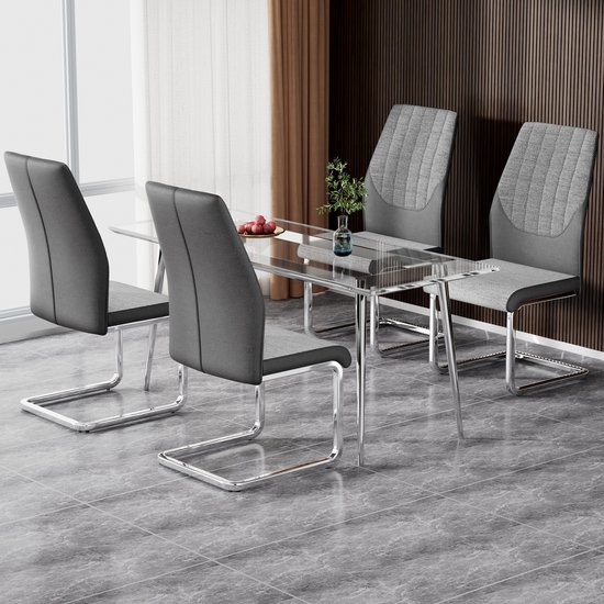 Sweiko Cantilever Stoel (set, 4-delige set), Verchroomd metalen frame, Draagvermogen tot 150 kg, PU kunstleer en linnen spliceren, ergonomisch, Grijs (Geen tafel)
