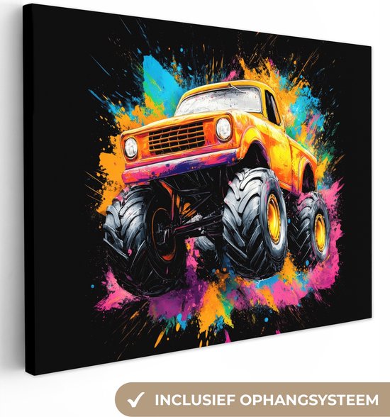 Canvas schilderij 80x60 cm - Wanddecoratie Graffiti - Auto - Monstertruck – Kleurrijk - Muurdecoratie woonkamer - Slaapkamer decoratie - Kamer accessoires - Schilderijen
