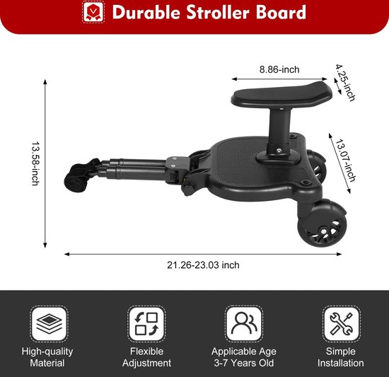 Eszenzics™ Meerijdplankje - Universele solide uitvoering - Flexibel instelbaar op kinderwagen- Veilig zitten of staan - Schokabsorberende PU wielen - Tot 25 kg / 3-7 jaar van Eszenzics™ — afbeelding 2