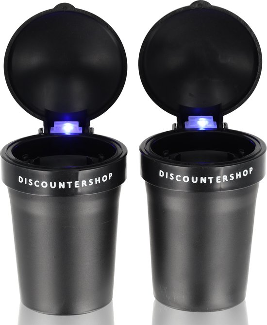Twee zwarte auto asbakken met deksel open, beide met blauwe LED verlichting.