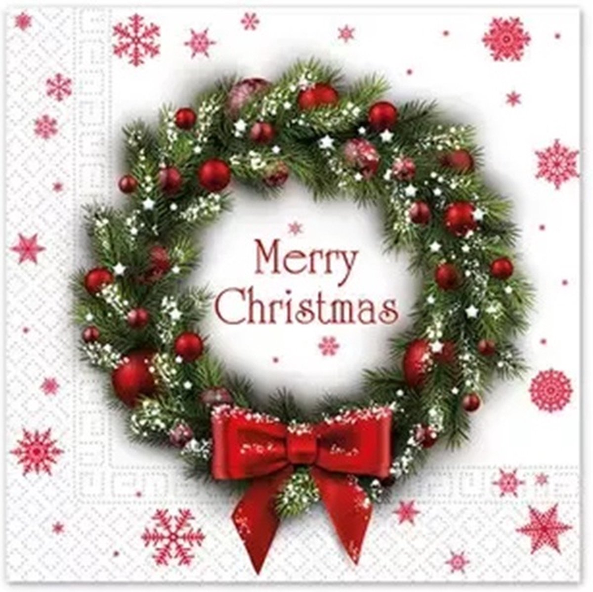 40 Kerstmis Kerst Servetten - Kerstkrans - Kerstballen - Strik - Ster - Sneeuwvlok - Merry Christmas - Wit - Rood - Groen - 33 x 33 cm - 3-Laags - Decorata