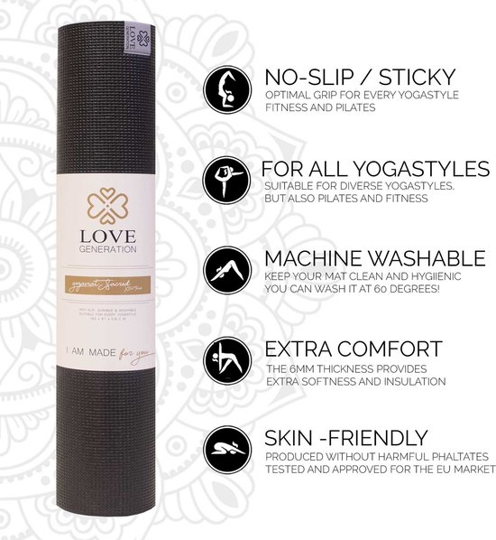 Love Generation ● Design Yoga Mat ● Fitness Mat ● Sacred Print ● Zwart van Love Generation — afbeelding 2